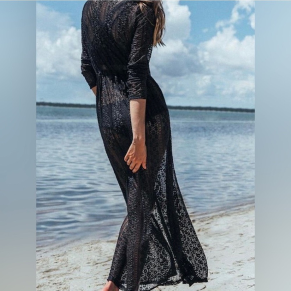 Beach Sweetie Black Lace Swim Cover Up Duster Sheer Maxi Boho Resort NWOT